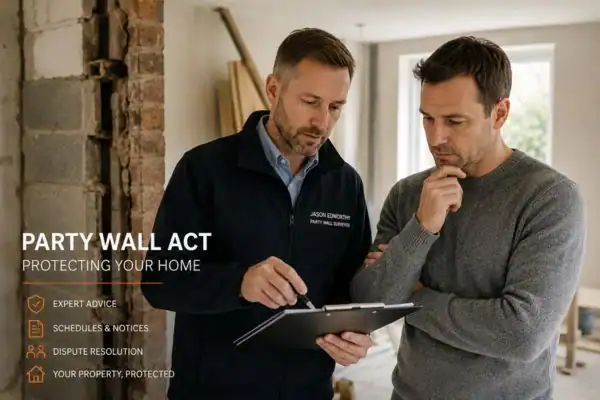 Party wall surveyor Doncaster discussing extension plans with homeowner outside a UK semi-detached house.
